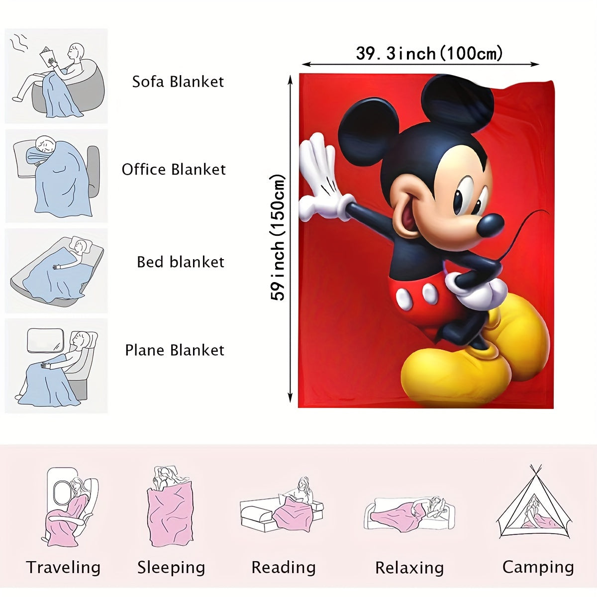 UME Mickey Mouse Flannel Throw Blanket - Soft, Warm & Cozy for Couch, Bed, Travel, Camping | All-Season Comfort