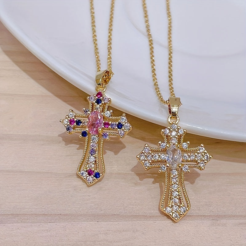 1pc Cute Sparkling Rhinestone Decor Cross Hollow Pendant Necklace, Religious Jewelry For Blessing, Ideal choice for Easter Gift