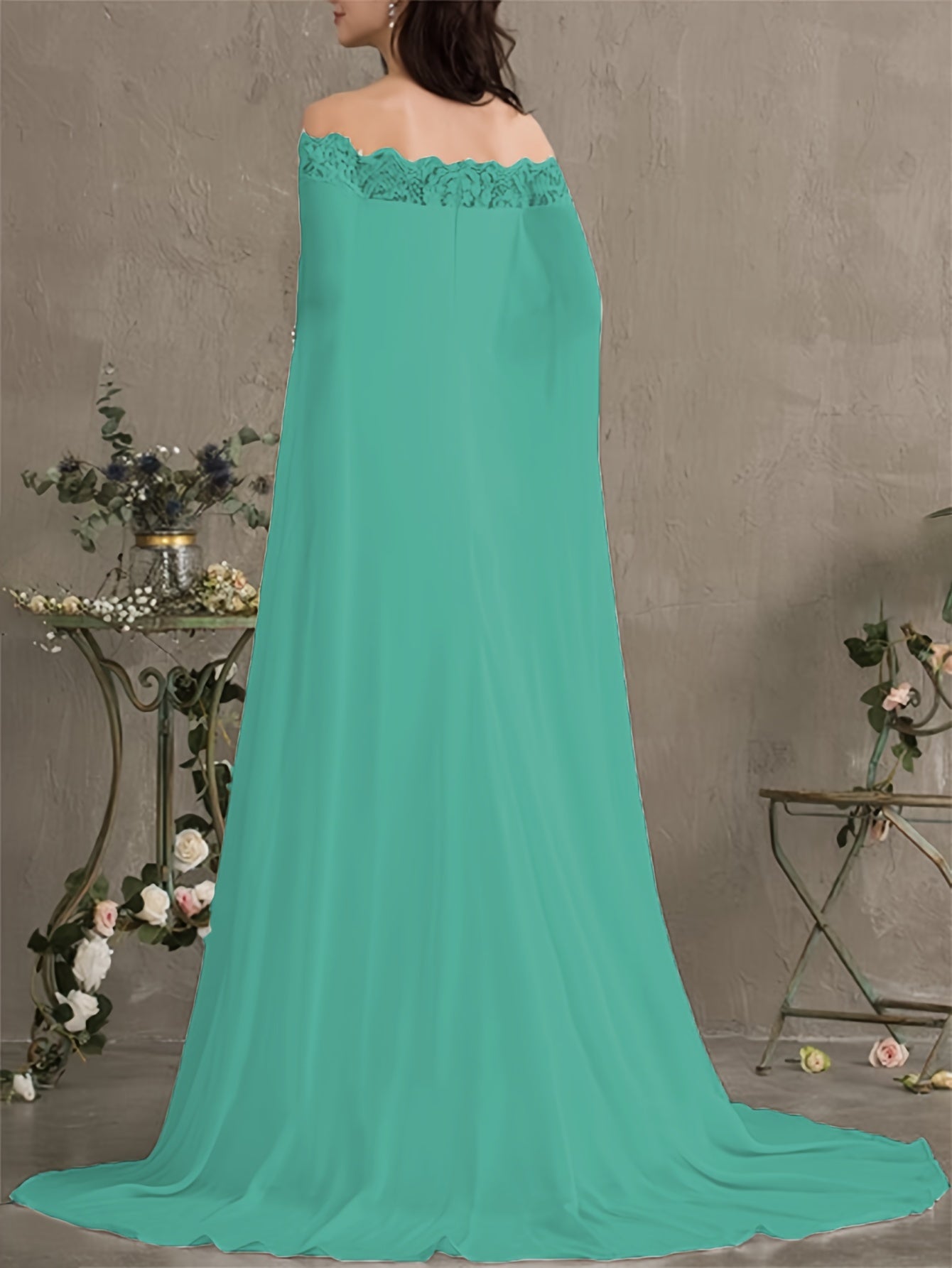 Long Length Off the Shoulder Bodycon Wedding Dress - Elegant Solid Contrast Lace Cape Design, Micro Elasticity Mesh Fabric, Pleated Hem, Chest Pad, Spring/Summer/Fall Season - Womens Elegant Occasion Dress for Wedding/Evening/Engagement/Ceremony
