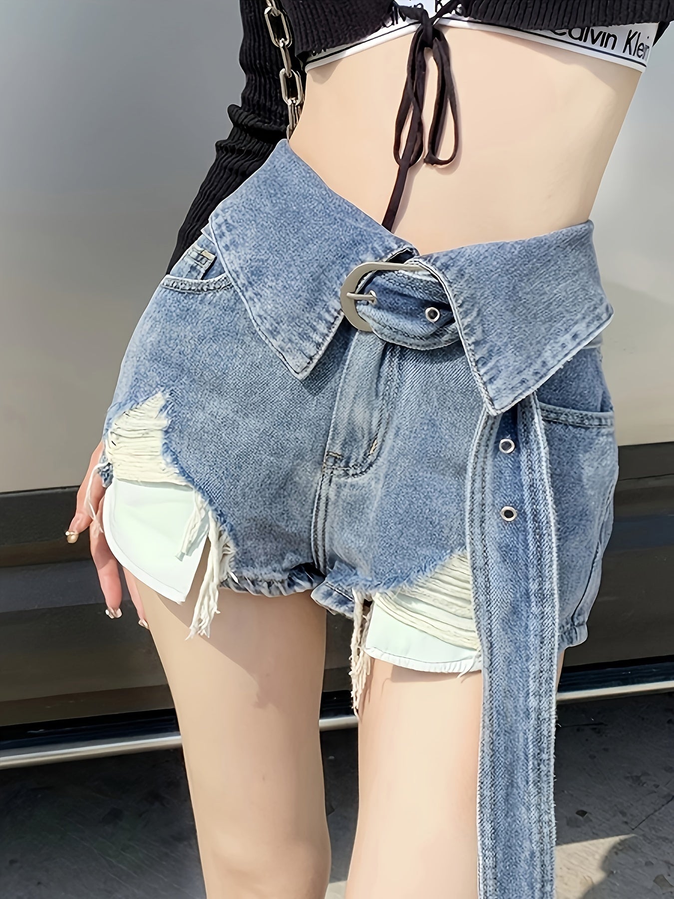 ZllKl High Waist Niche Denim Shorts, Flipped Waist Fashion Short Denim Pants, Women's Denim Jeans & Clothing