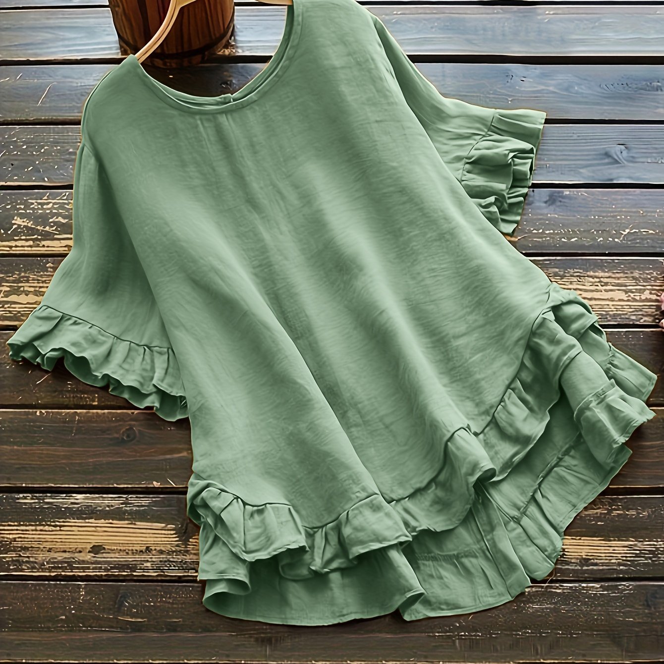 ZllKl Solid Button Back Ruffled Trim Blouse, Casual Short Sleeve Blouse For Spring & Summer, Women's Clothing