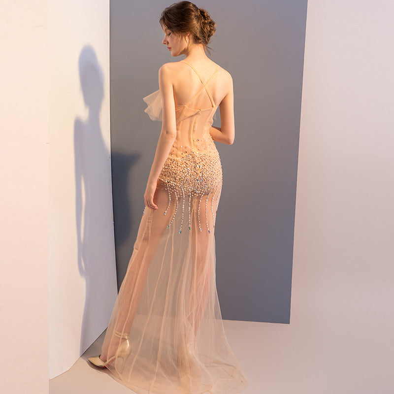 2025 G1211/sexy see-through dress mesh transparent hand-sewn diamond sling low-cut performance suit