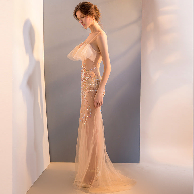 2025 G1211/sexy see-through dress mesh transparent hand-sewn diamond sling low-cut performance suit
