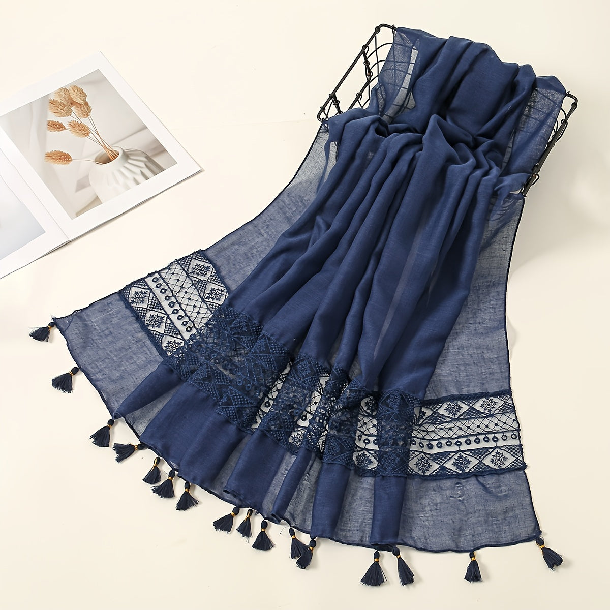 Delicate Embroidered Lace Tassel Scarf - Fashionable & Elegant for Casual Wear - Versatile Cold Weather Accessory, Perfect for Eid Celebrations