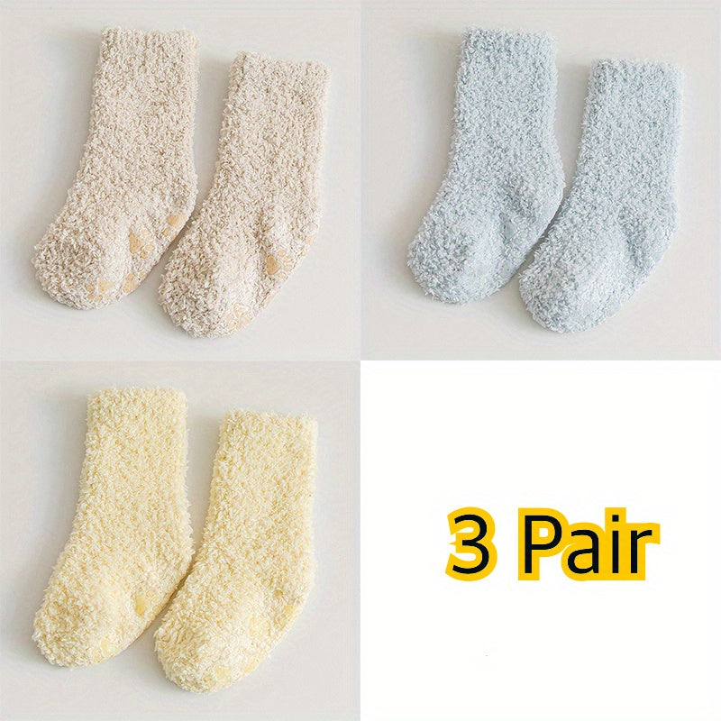 3pairs Baby Boys Kids Thickened Warm Coral Fleece Socks For Winter, Anti-skid Socks, 0-5 Years Old Toddlers Children's Trendy Socks