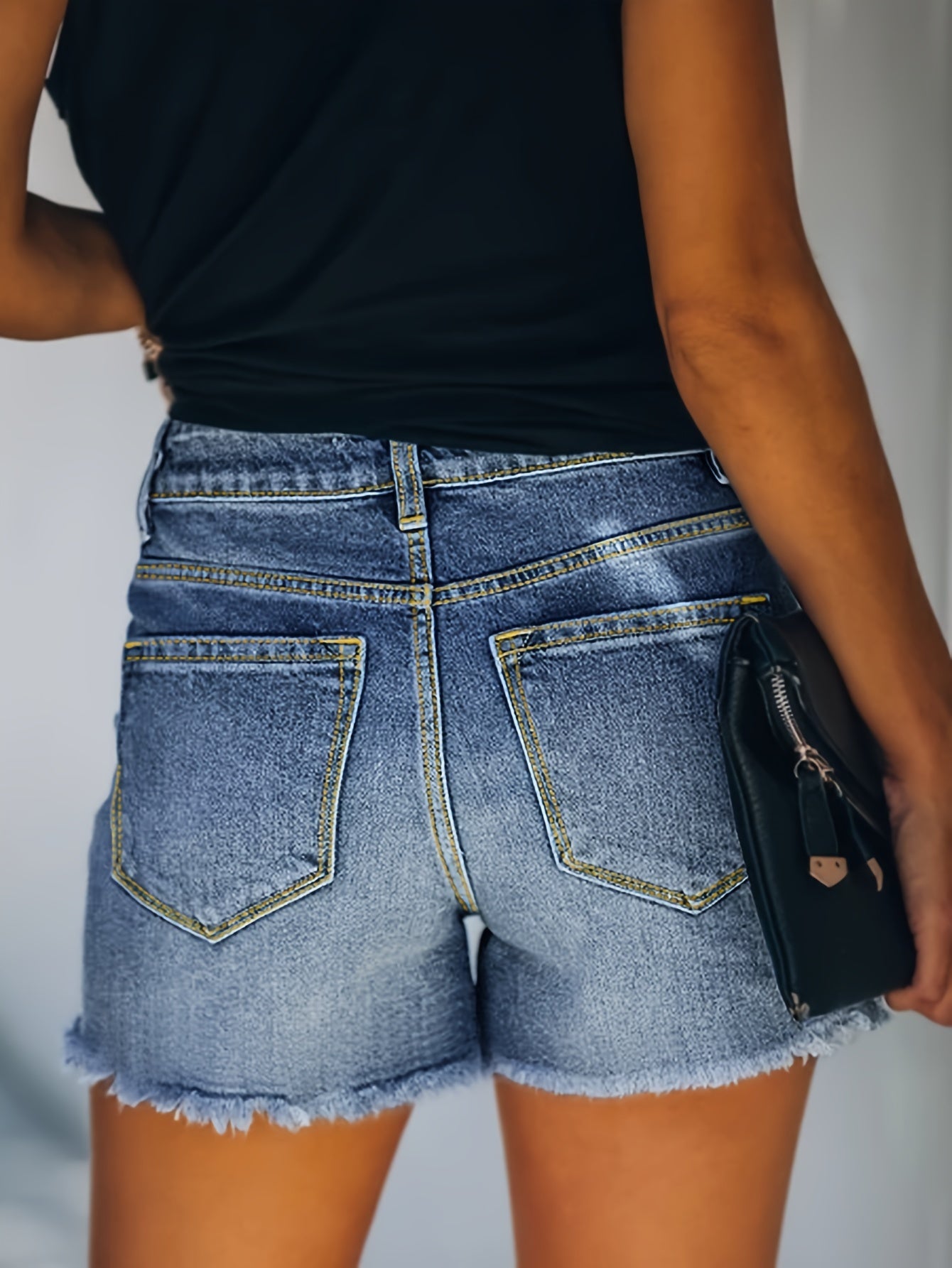 ZllKl Ripped Raw Hem Whiskering Denim Shorts, Stretchy Distressed Slash Pocket Denim Shorts, Women's Denim Jeans & Clothing