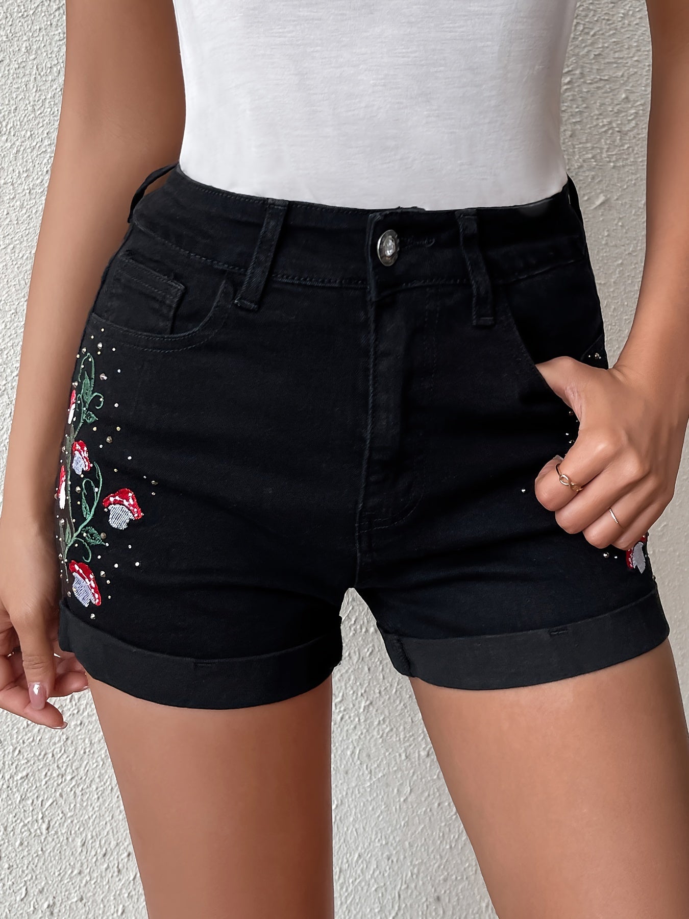 ZllKl Mushroom Plant Embroidery Cute Denim Shorts, Roll Up Hem Slash Pocket Denim Shorts, Women's Denim Jeans & Clothing