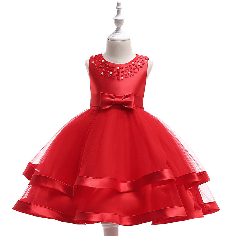 ZllKl Foreign Trade New Host's Dress Children's Wedding Dress Handmade Beaded Princess Dress Girl's Gown One Piece Dropshipping
