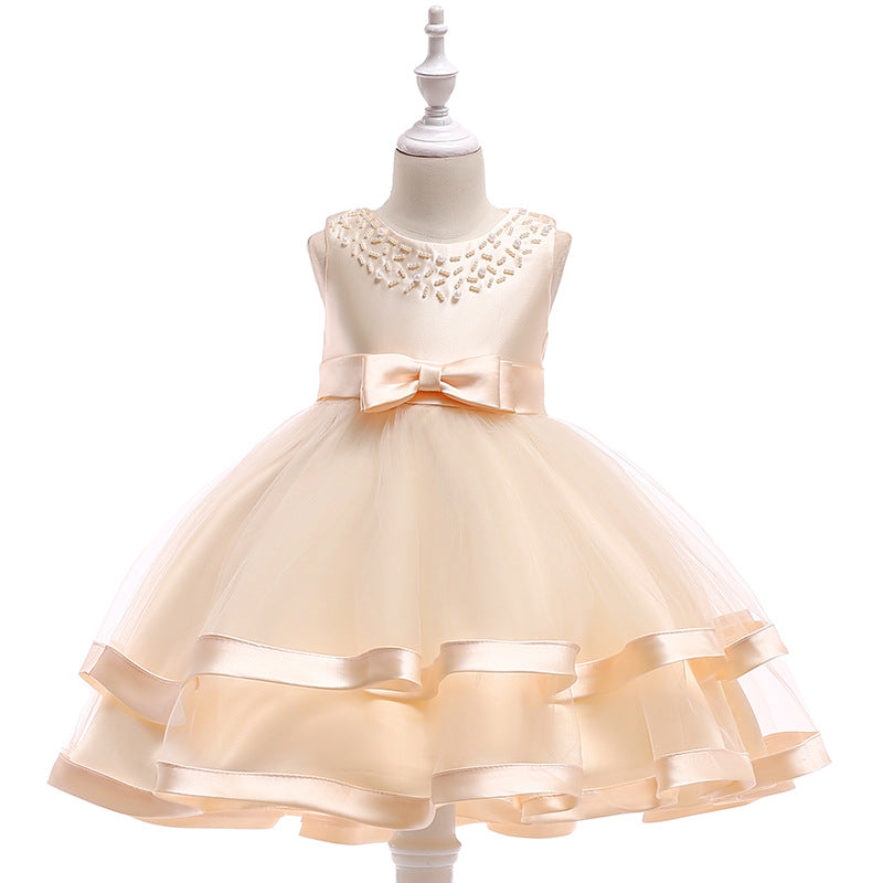 ZllKl Foreign Trade New Host's Dress Children's Wedding Dress Handmade Beaded Princess Dress Girl's Gown One Piece Dropshipping