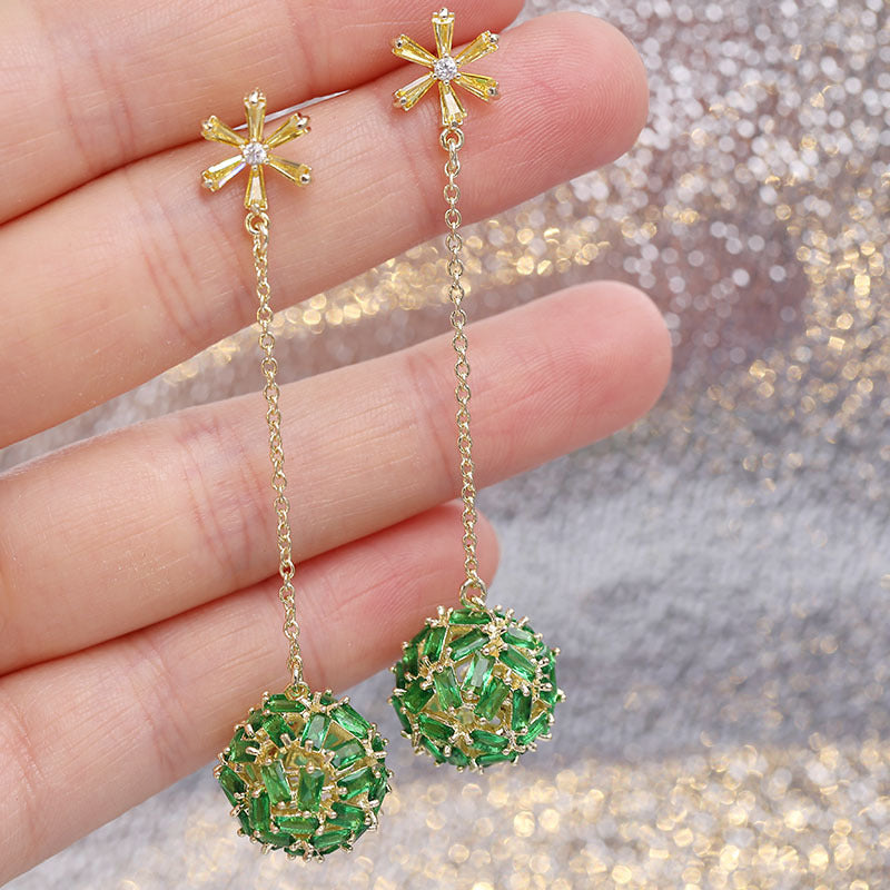 2025 Korean color zircon snowflake long temperament earrings personalized super fairy earrings S925 silver needle hollow ball earrings