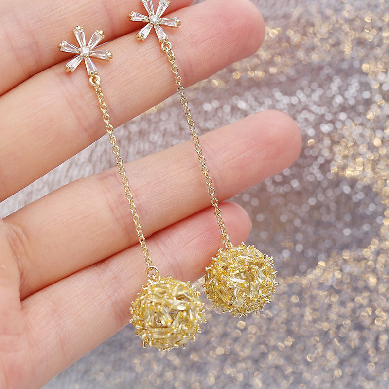 2025 Korean color zircon snowflake long temperament earrings personalized super fairy earrings S925 silver needle hollow ball earrings