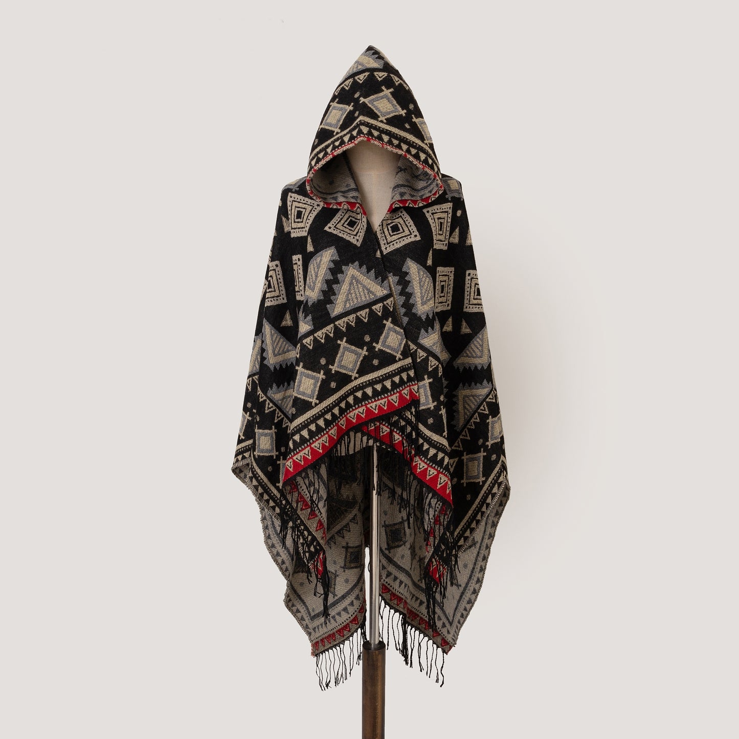 Cozy Oversized Hoodie Scarf Blanket - Stylish Boho Geometric Print with Tassels - Ultra-Soft Warm Cape for Outdoor Adventures, Windproof & Thick Cardigan Shawl