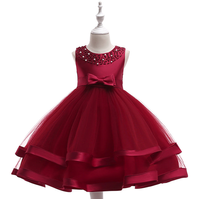 ZllKl Foreign Trade New Host's Dress Children's Wedding Dress Handmade Beaded Princess Dress Girl's Gown One Piece Dropshipping