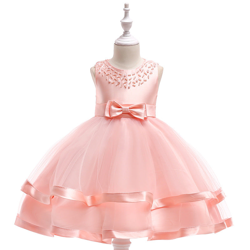 ZllKl Foreign Trade New Host's Dress Children's Wedding Dress Handmade Beaded Princess Dress Girl's Gown One Piece Dropshipping