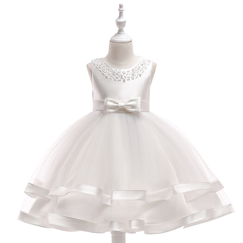 ZllKl Foreign Trade New Host's Dress Children's Wedding Dress Handmade Beaded Princess Dress Girl's Gown One Piece Dropshipping