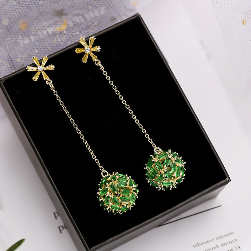 2025 Korean color zircon snowflake long temperament earrings personalized super fairy earrings S925 silver needle hollow ball earrings