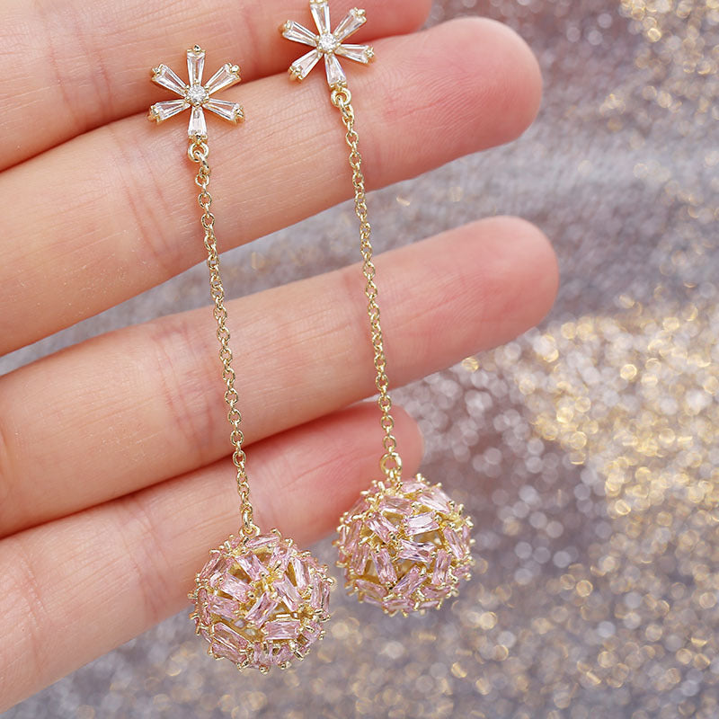 2025 Korean color zircon snowflake long temperament earrings personalized super fairy earrings S925 silver needle hollow ball earrings