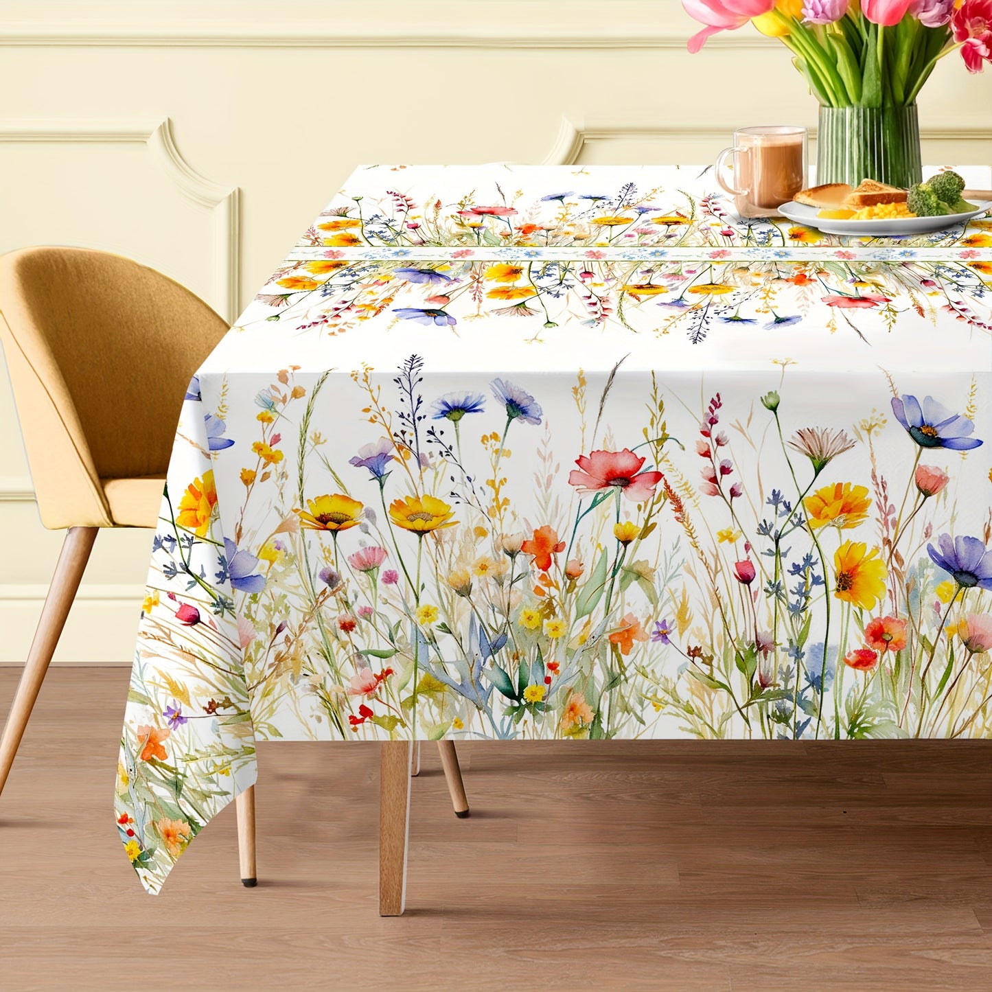 1pc Charming Watercolor Floral Tablecloth - Fresh Pastoral Wheat Motif - Seasonal Rectangle Table Cover for Spring Picnics & Holiday Celebrations, Elegant Home Decor