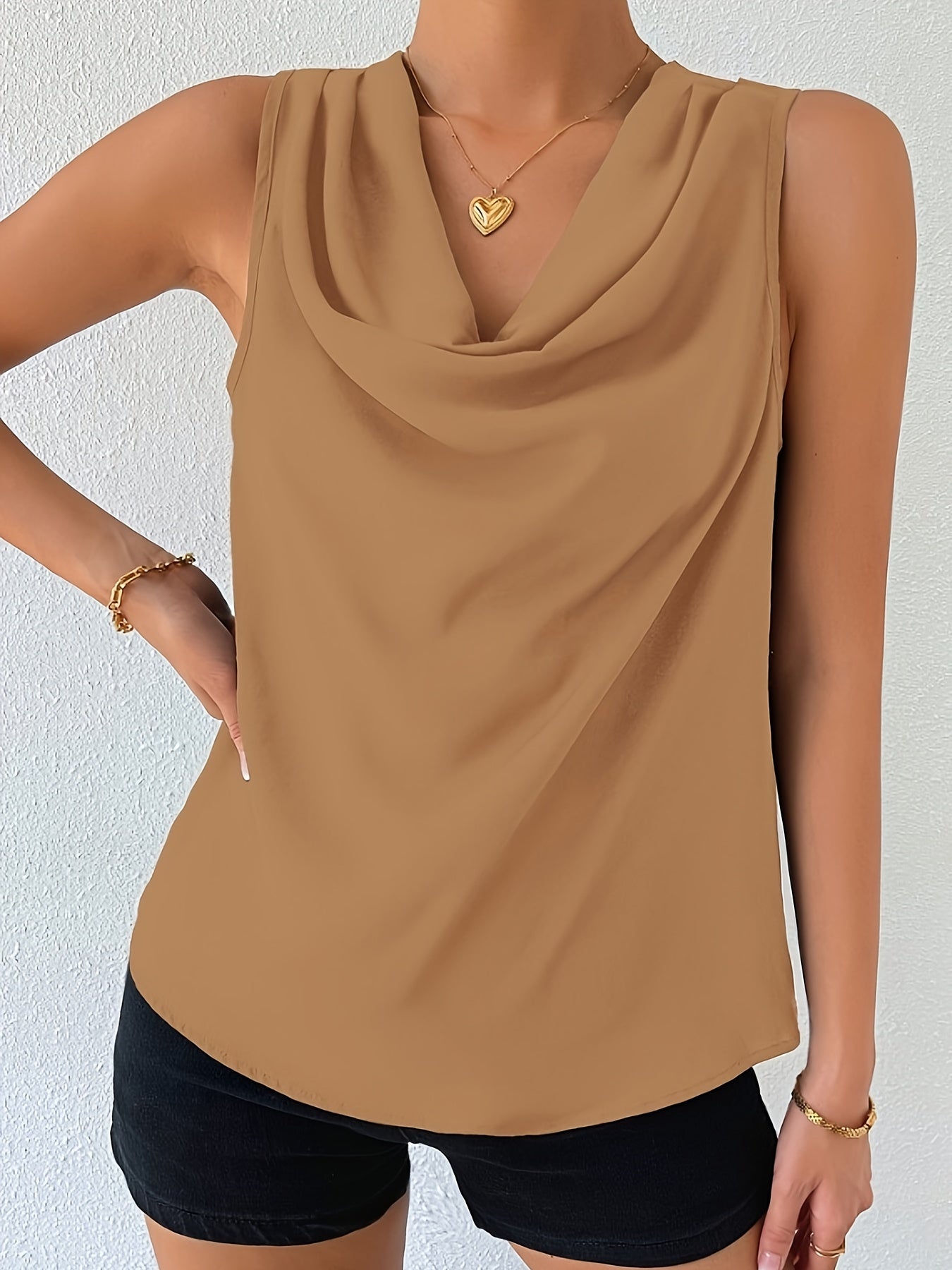 Rich Solid Cowl Neck Blouse - Chic Sleeveless Draped Top - Fashionable Womens Casual Wear