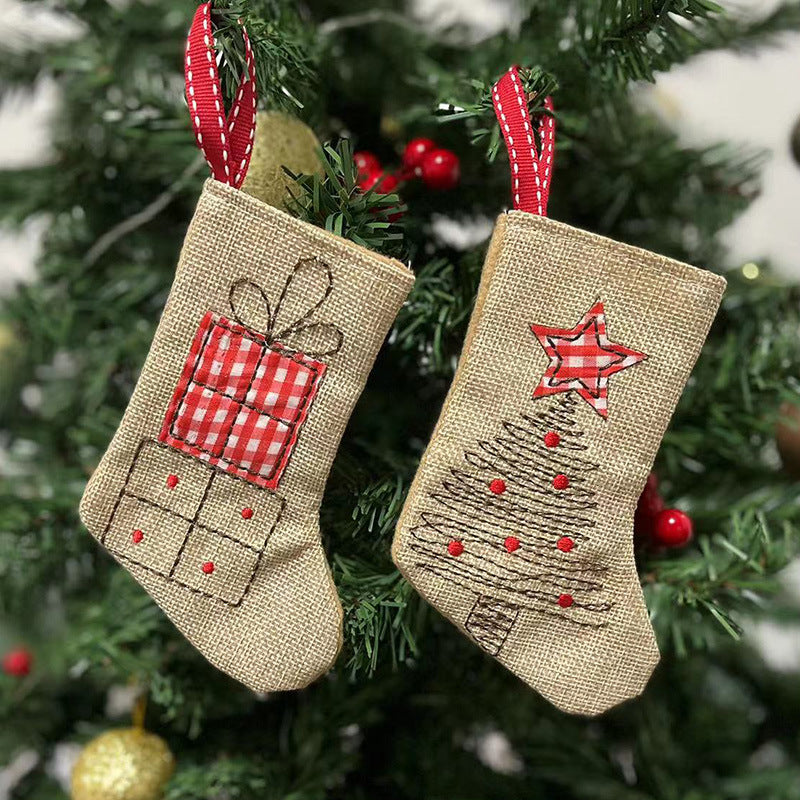 1pc, Burlap Embroidery Christmas Stocking, Christmas Tree Hanging, Christmas Ornaments, Holiday Accessory, Birthday Party Supplies, Room Decor, Christmas Gifts, Home Decor, Scene Decor