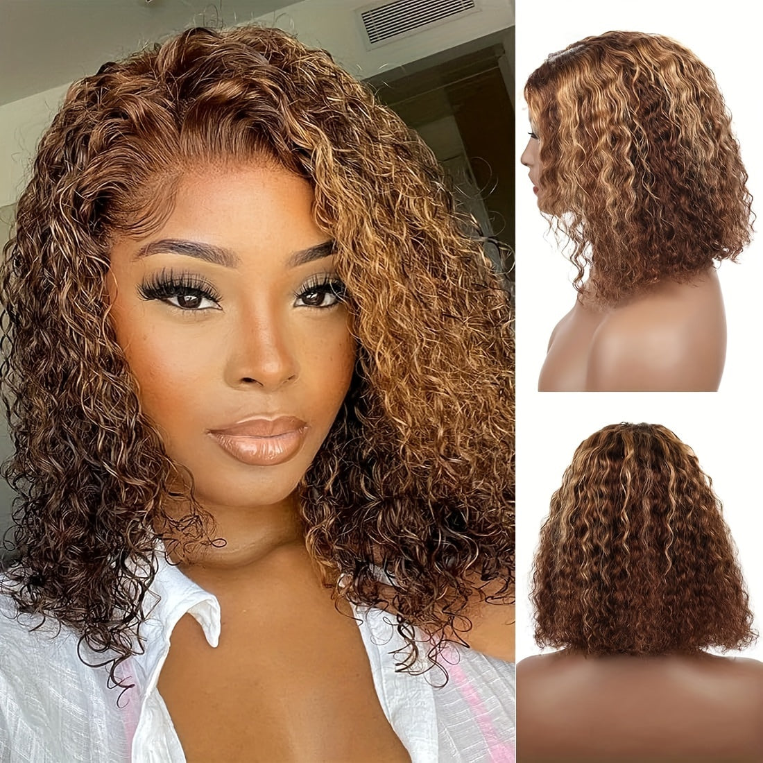 Curly P4/27 Bob Wigs Human Hair Pre Plucked Pre Cut 13x4 Curly Human Hair Wig 150% Density Highlight HD Lace Front Wigs Human Hair with Baby Hair for Women 16 Inch