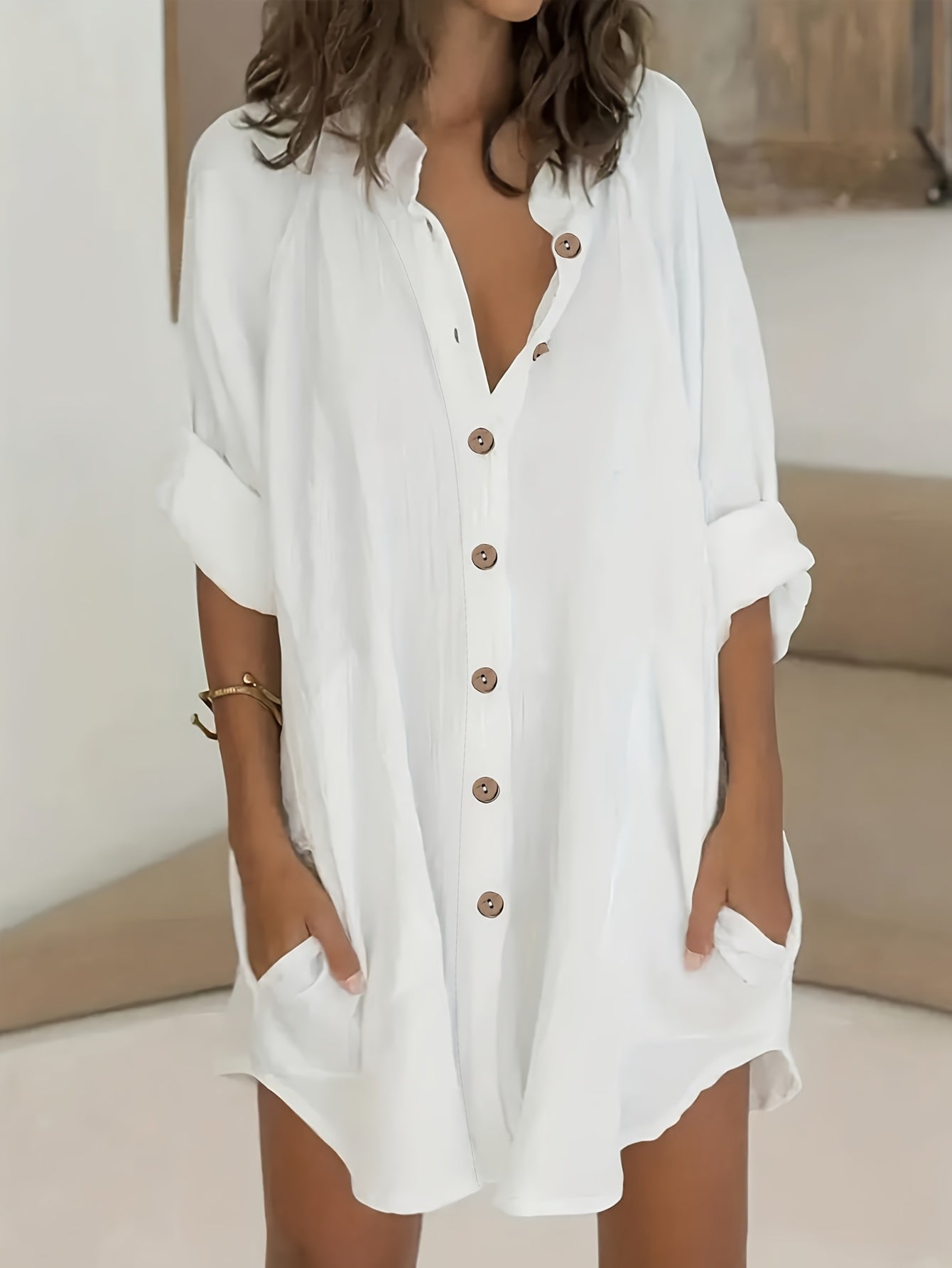 ZllKl Plus Size Simple Solid Shirt, Casual Button Front Long Sleeve Shirt, Women's Plus Size Clothing