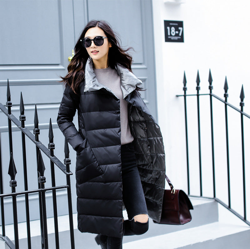 Cross-border wears down jackets on both sides in Europe and the United States, women's medium and long New new light and thin stand-up collar white duck down jacket.