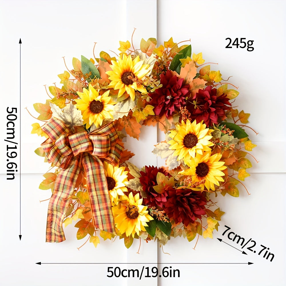 Vibrant Autumn Harvest Wreath - Classic Sunflower and Leaf Decor for Front Door, Battery-Free, No Feathers, Seasonal Home Decoration, Easy to Assemble, Perfect for Fall and Thanksgiving Celebration