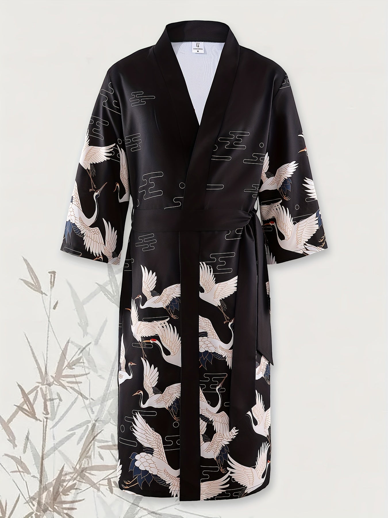 Vintage Crane Print Kimono Robe - Soft & Breathable, Loose-Fitting Lounge Wear - Ideal for Spring & Autumn Mornings
