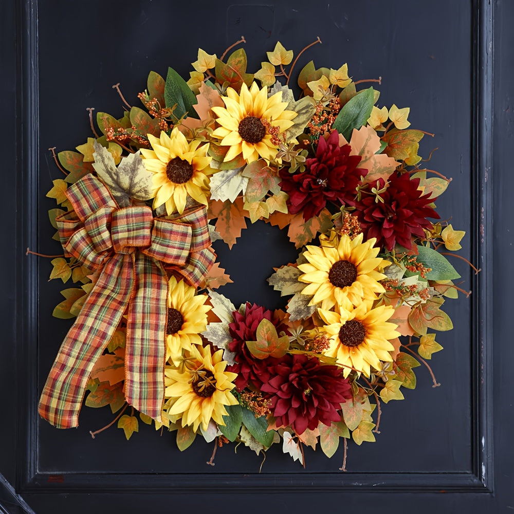 Vibrant Autumn Harvest Wreath - Classic Sunflower and Leaf Decor for Front Door, Battery-Free, No Feathers, Seasonal Home Decoration, Easy to Assemble, Perfect for Fall and Thanksgiving Celebration