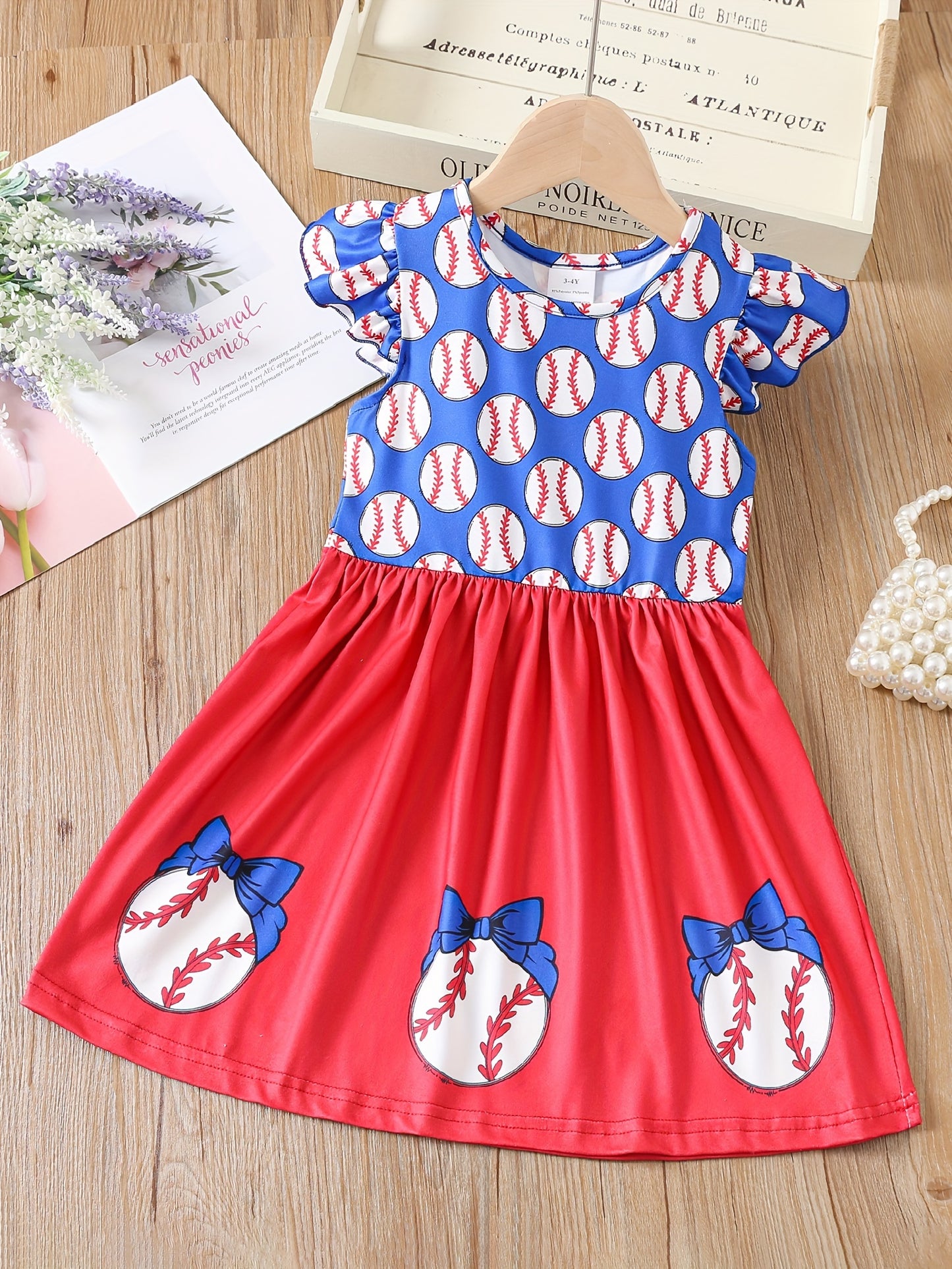 Summer-Fun Baseball Graphic Dress for Girls - High-Stretch, Fit & Flare, Durable & Comfortable