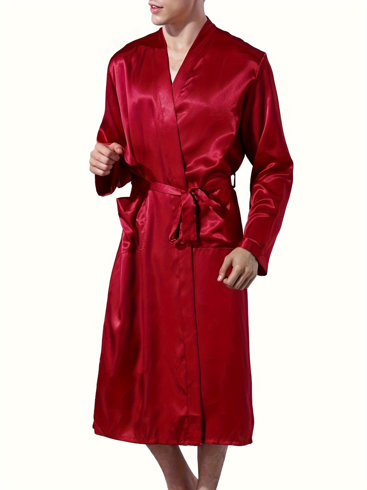 Men's Comfy Solid Glossy Robe For Home Pajamas Wear One-piece Lace Up Kimono Night-robe Sets After Bath