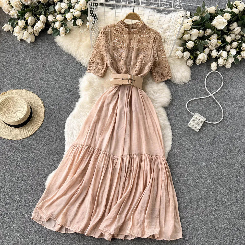 New Summer Elegant Women Stand Collar Long Dress Vintage Female Lace Patchwork Dress Empire Slim Fairy with Belt