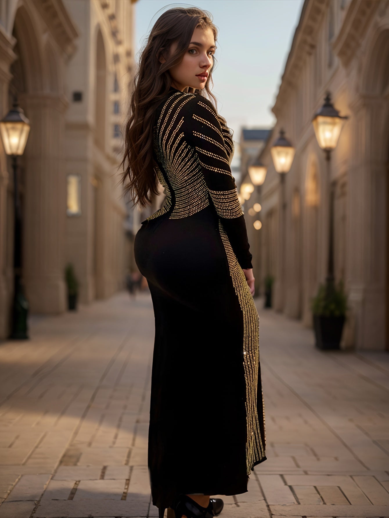 Long Sleeve Rhinestone Bodycon Maxi Dress - Sexy High Elasticity Polyester Party Club Wear with Crew Neck and Split Thigh - Hand Wash Only, All-Season Elegant Clothing for Women