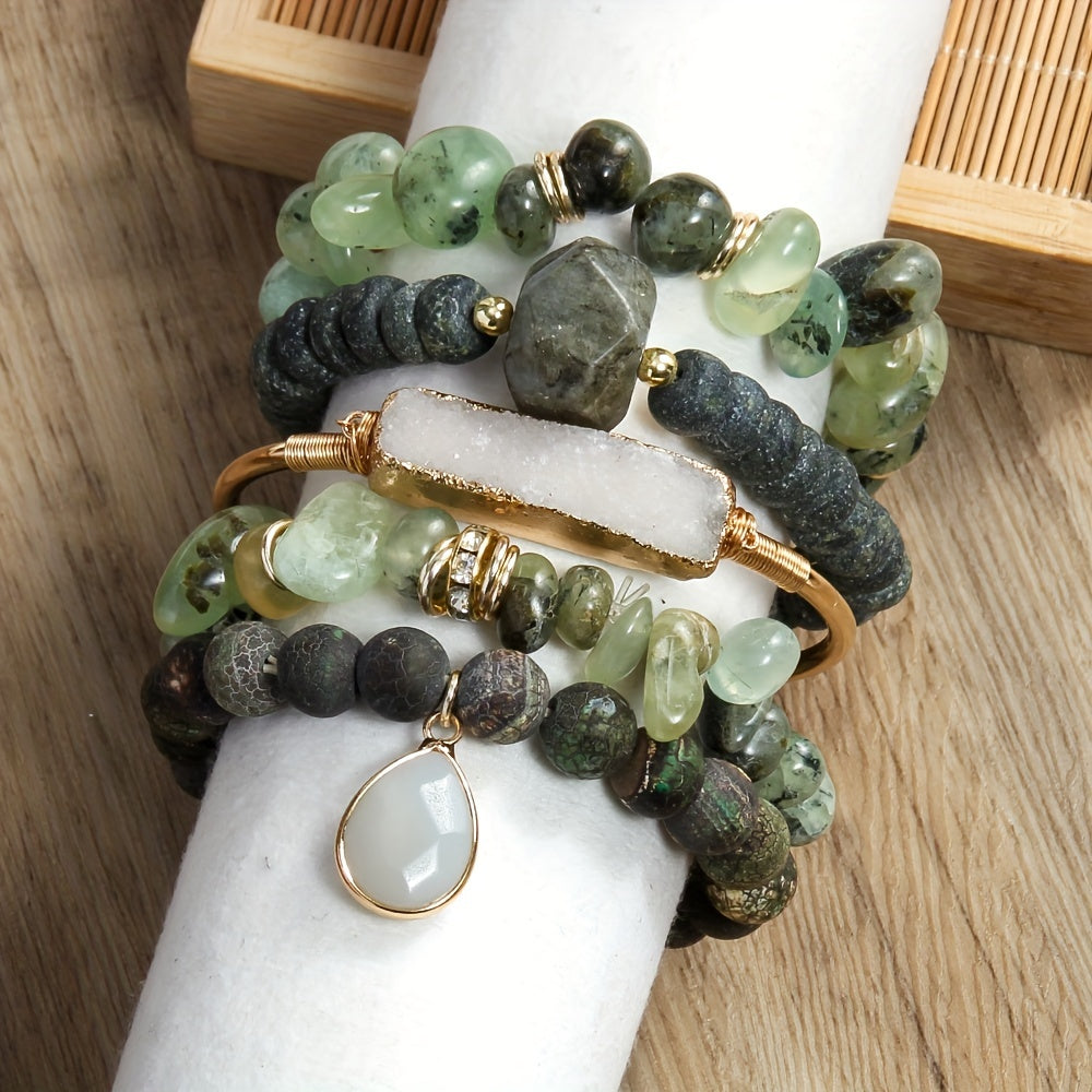 5pc Vintage Charm Boho Beaded Bracelet Set - Effortless Stackable, Elastic Stretch, Handmade Jewelry for Bohemian Style Enthusiasts