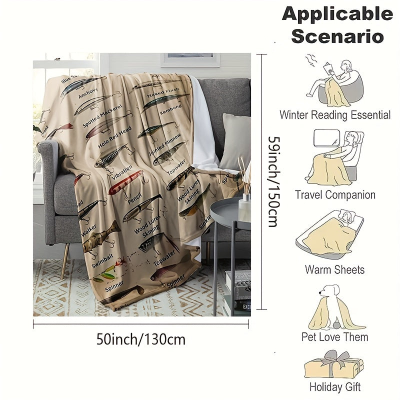 1pc Soft & Warm Flannel Blanket - Complete Fishing Bait Pattern, Cozy Sofa Bed Office Throw, Small Nap Blanket for Ultimate Comfort and Relaxation - Perfect for Indoor Outdoor Use