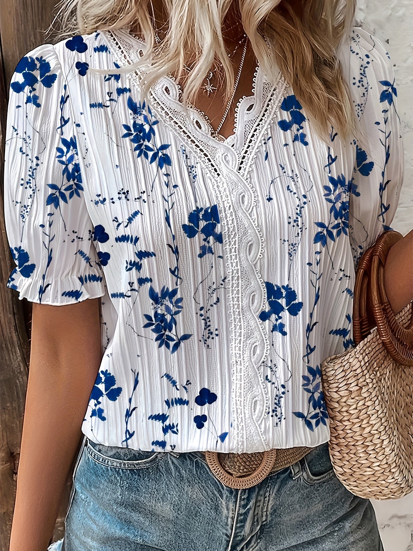 ZllKl Floral Print Lace Trim Blouse, Vacation Striped V Neck Short Sleeve Blouse, Women's Clothing