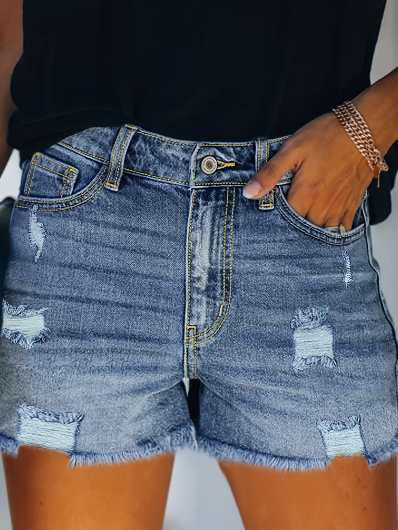 ZllKl Ripped Raw Hem Whiskering Denim Shorts, Stretchy Distressed Slash Pocket Denim Shorts, Women's Denim Jeans & Clothing