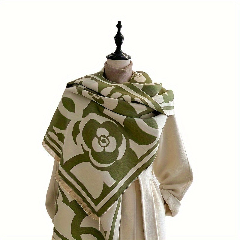 Winter Soft Warm Versatile Fringe Shawl Blanket Scarf - Fashion Scarves with Black and White Camellia Jacquard Pattern, Super Cozy, Lightweight, and Chic - Perfect for Cold Weather, Outdoor Activities, and Daily Wear