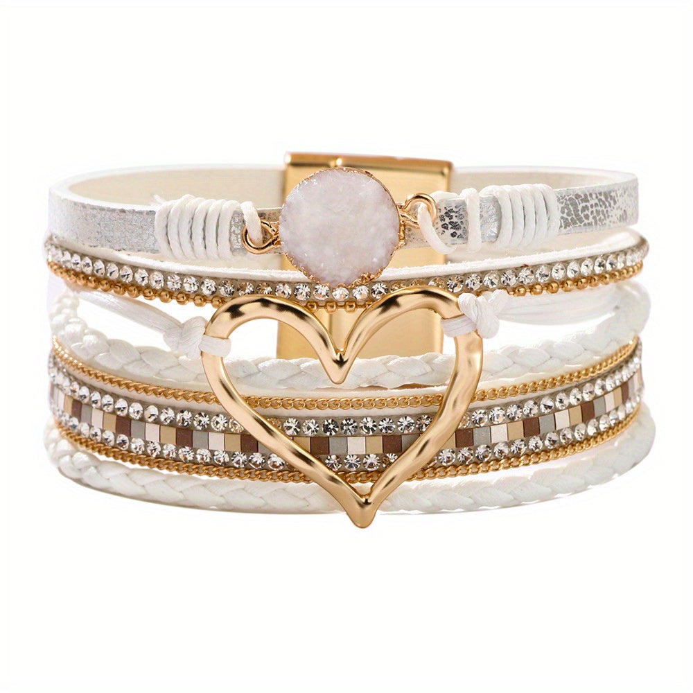 Trendy Bohemian Multilayer Bangle Bracelet - Handcrafted PU Leather with Golden Big Love Charm - Adjustable, Durable & Stylish - Perfect Boho Chic Accessory for Ladies