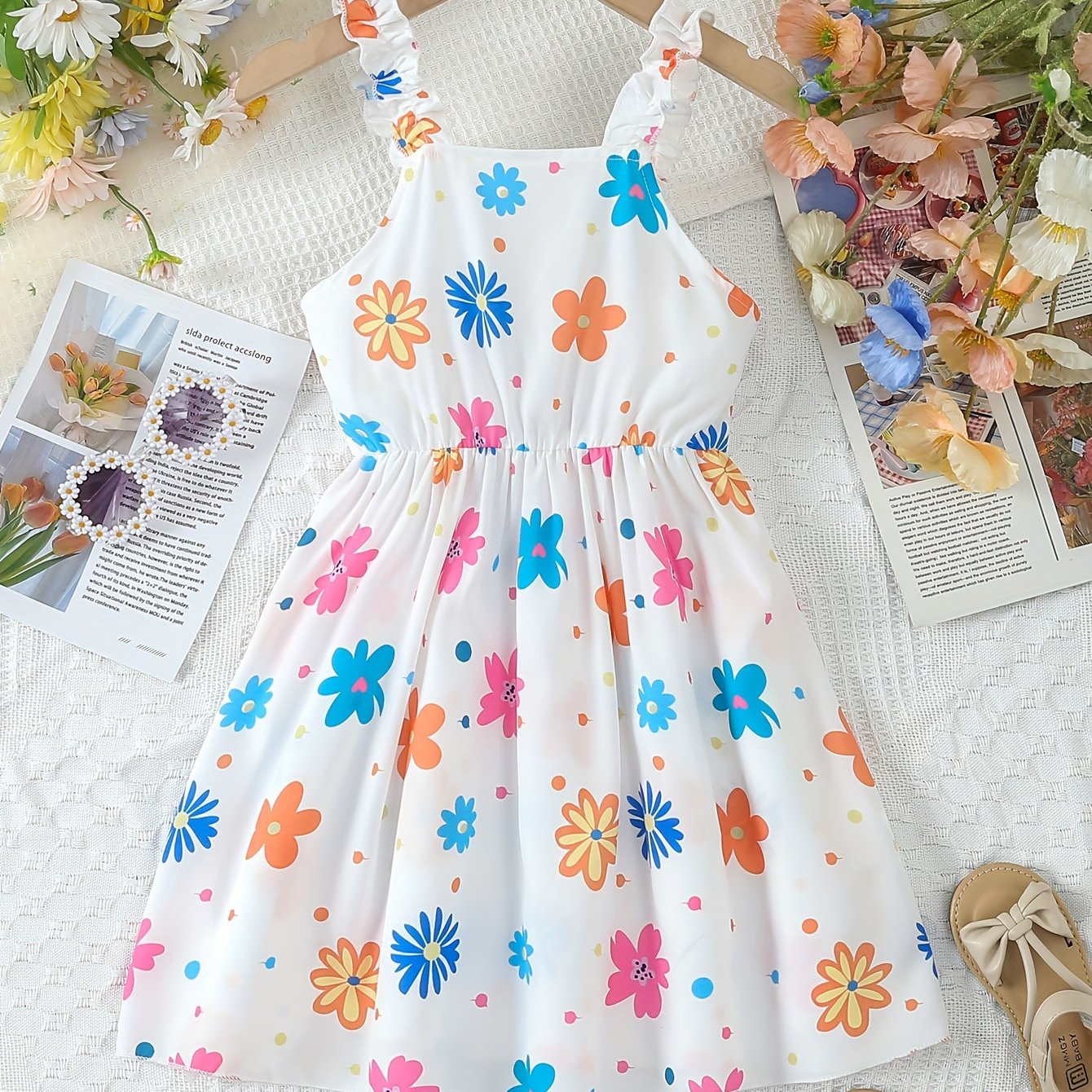 Chic Summer Floral Girls' Dress - Comfortable, Woven Fabric with Ruffle Detail & Playful Suspender Straps