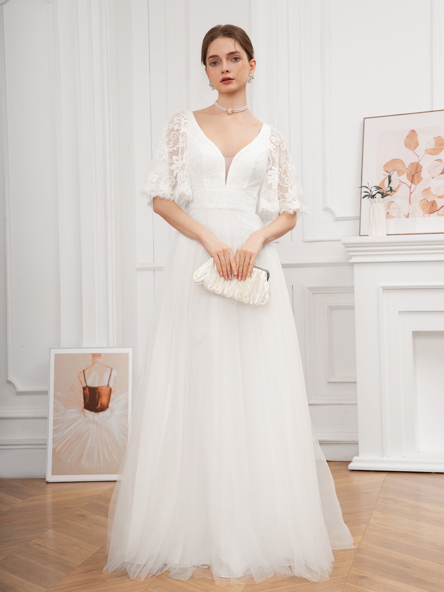 Long Lace Flutter Sleeve A-Line Wedding Dress - Elegant Deep V Neck, Contrast Lace, Half Sleeve, Floor Length, Woven, No Elasticity - Perfect for Adult Women