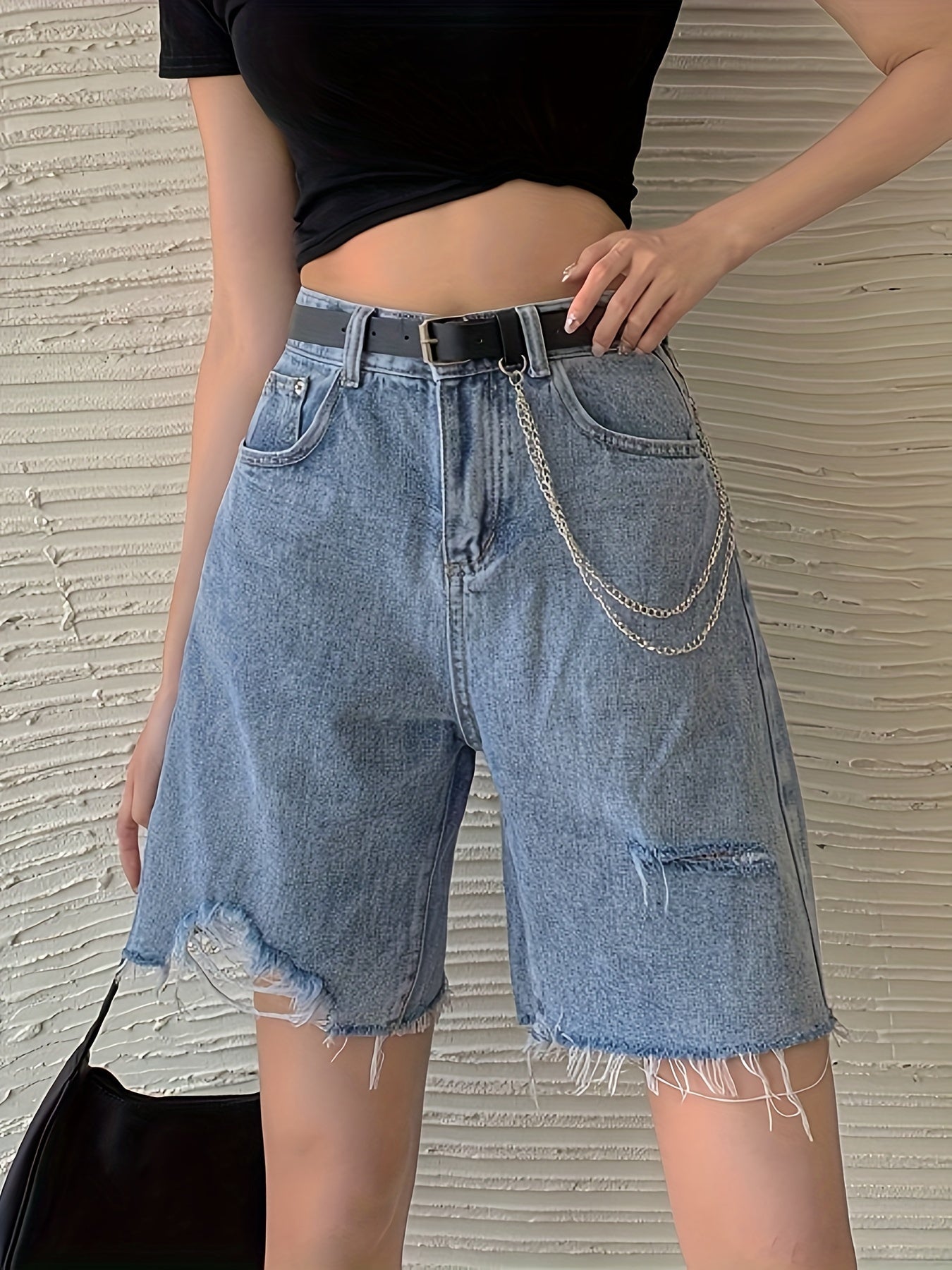 ZllKl Ripped Raw Hem Denim Shorts Jorts, Distressed Washed Blue Denim Shorts, Women's Denim Jeans & Clothing