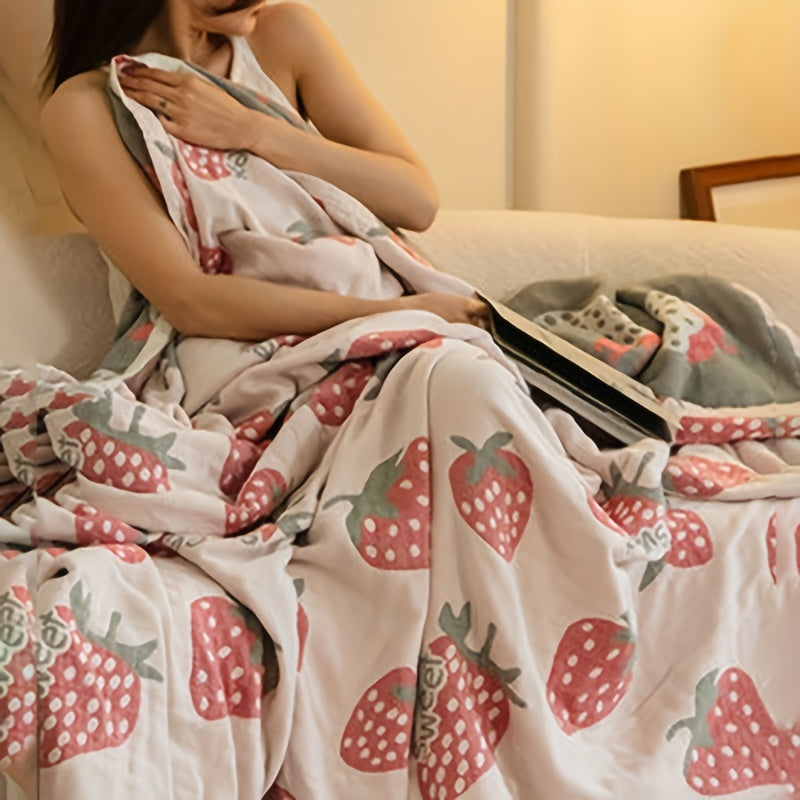 1pc Adorable Strawberry Pattern Soft Cotton Multi-Functional Blanket for Bed, Sofa, Couch, Car, Office, and Camping - Machine Washable, Reusable, and Lightweight - Perfect for All Seasons and Occasions