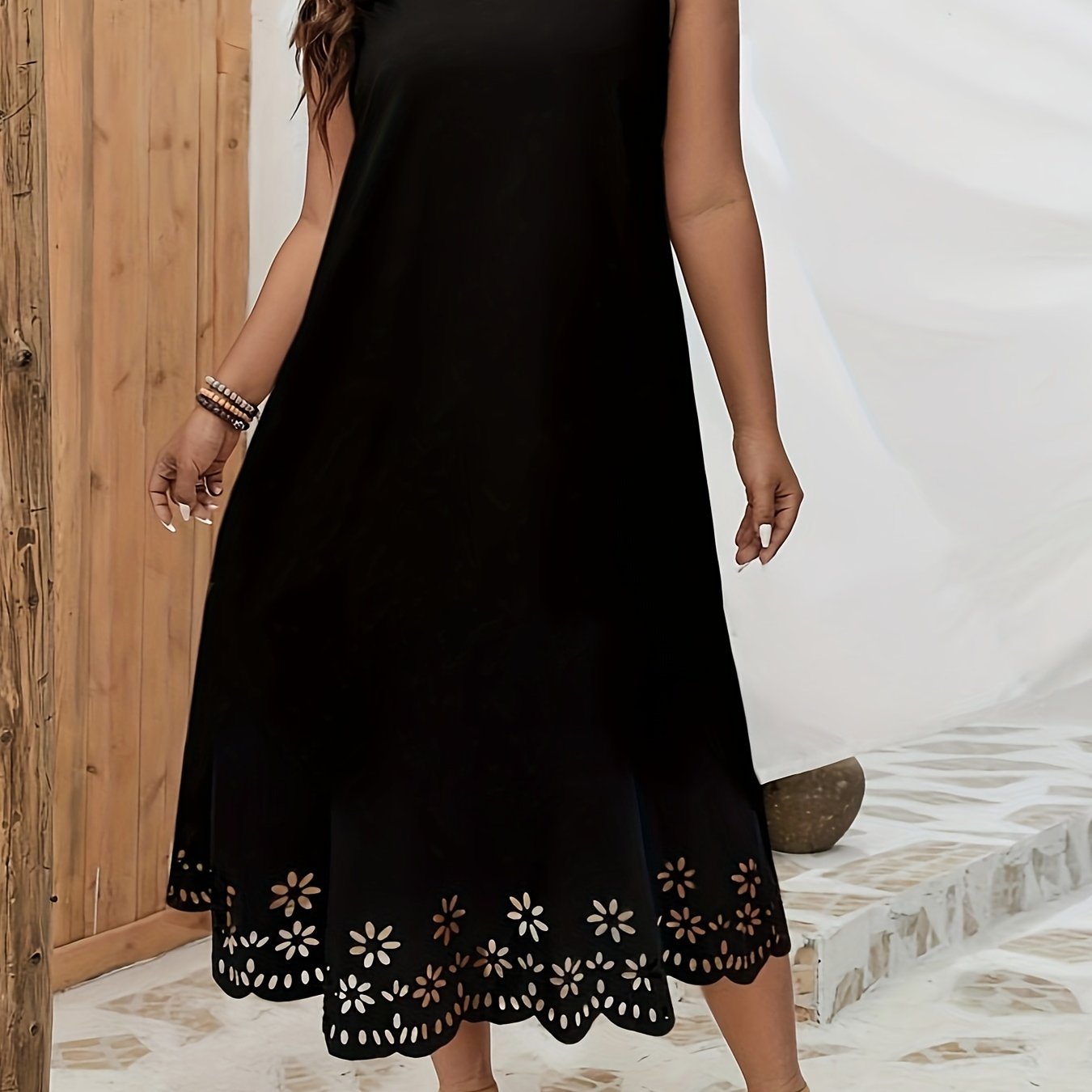 Plus Size Cutout Trim Tank Dress - Flattering Sleeveless Design, Breathable Fabric, and Comfortable Fit for Spring and Summer - Women's Casual Clothing for Warmer Weather