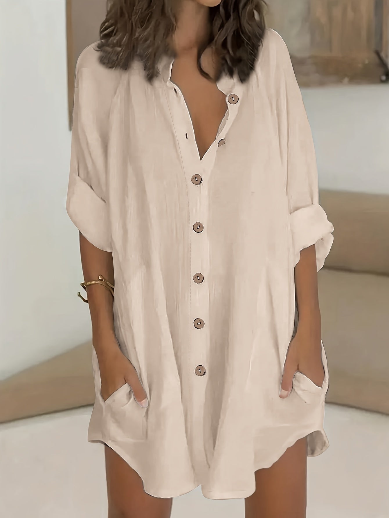ZllKl Plus Size Simple Solid Shirt, Casual Button Front Long Sleeve Shirt, Women's Plus Size Clothing