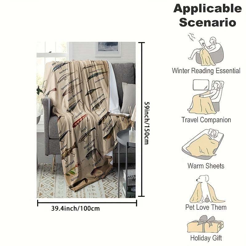 1pc Soft & Warm Flannel Blanket - Complete Fishing Bait Pattern, Cozy Sofa Bed Office Throw, Small Nap Blanket for Ultimate Comfort and Relaxation - Perfect for Indoor Outdoor Use