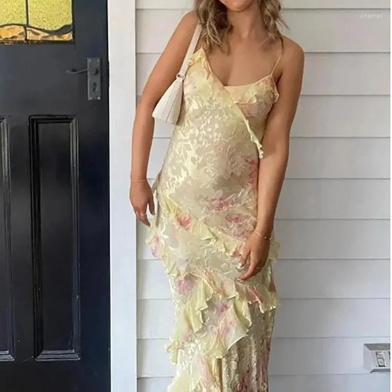 Casual Dresses Beach Style Backless Fashion Maxi Dress Women Summer Sleeveless V-Neck Party Ruffles Patchwork Printed Ladies