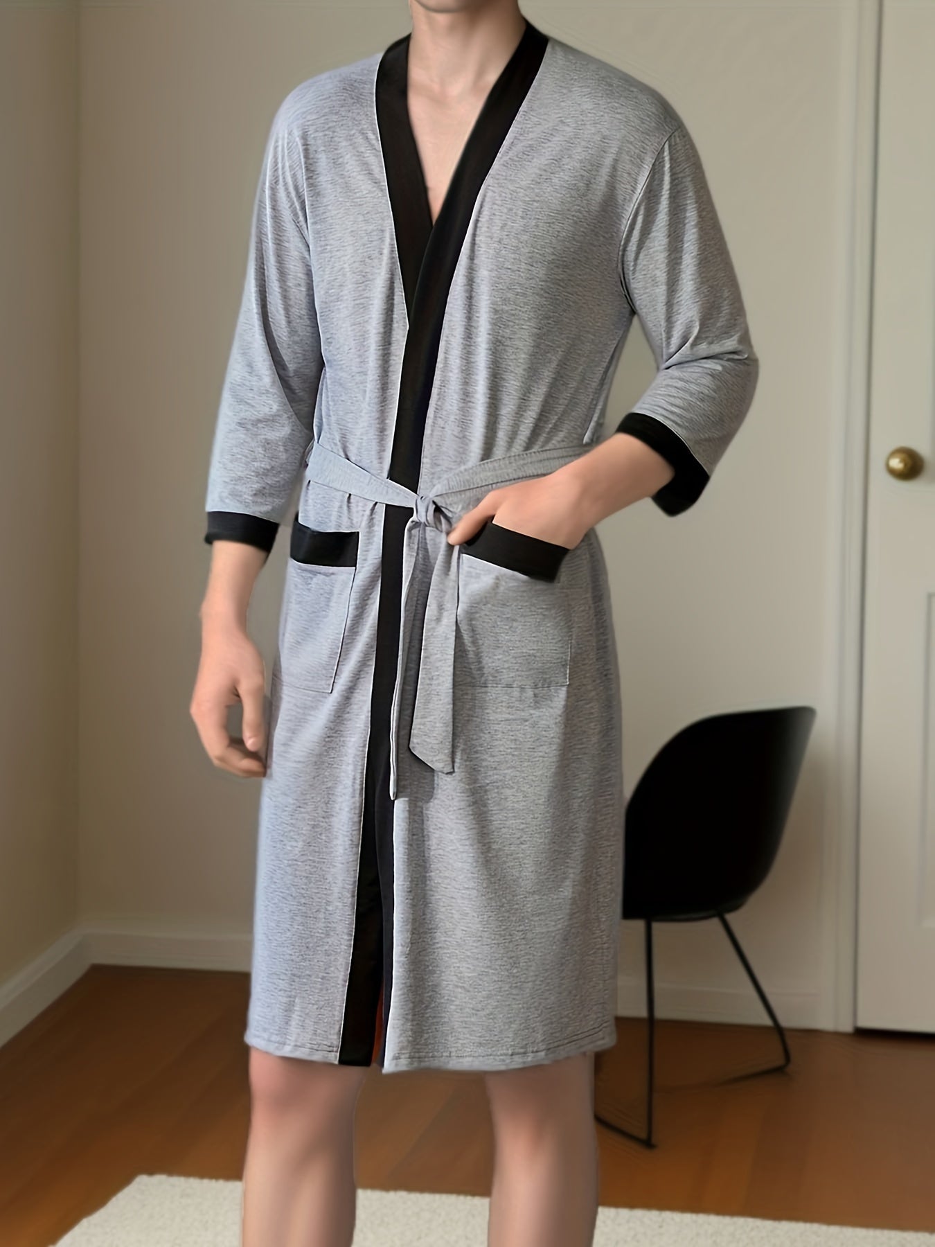Mens Comfy Color Block Robe - Soft One-Piece Night-Robe with Spacious Pocket and Adjustable Lace-Up Closure - Perfect for Lounging Around the House in Pajamas After Bath or Shower