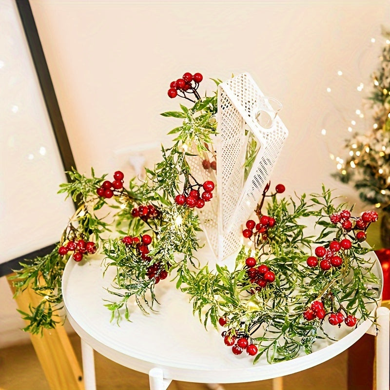 78.74" Pre-Lit Christmas Garland with Red Berries & Green Holly - Battery Operated, Indoor Xmas Decor for Mantle, Fireplace, Stairs